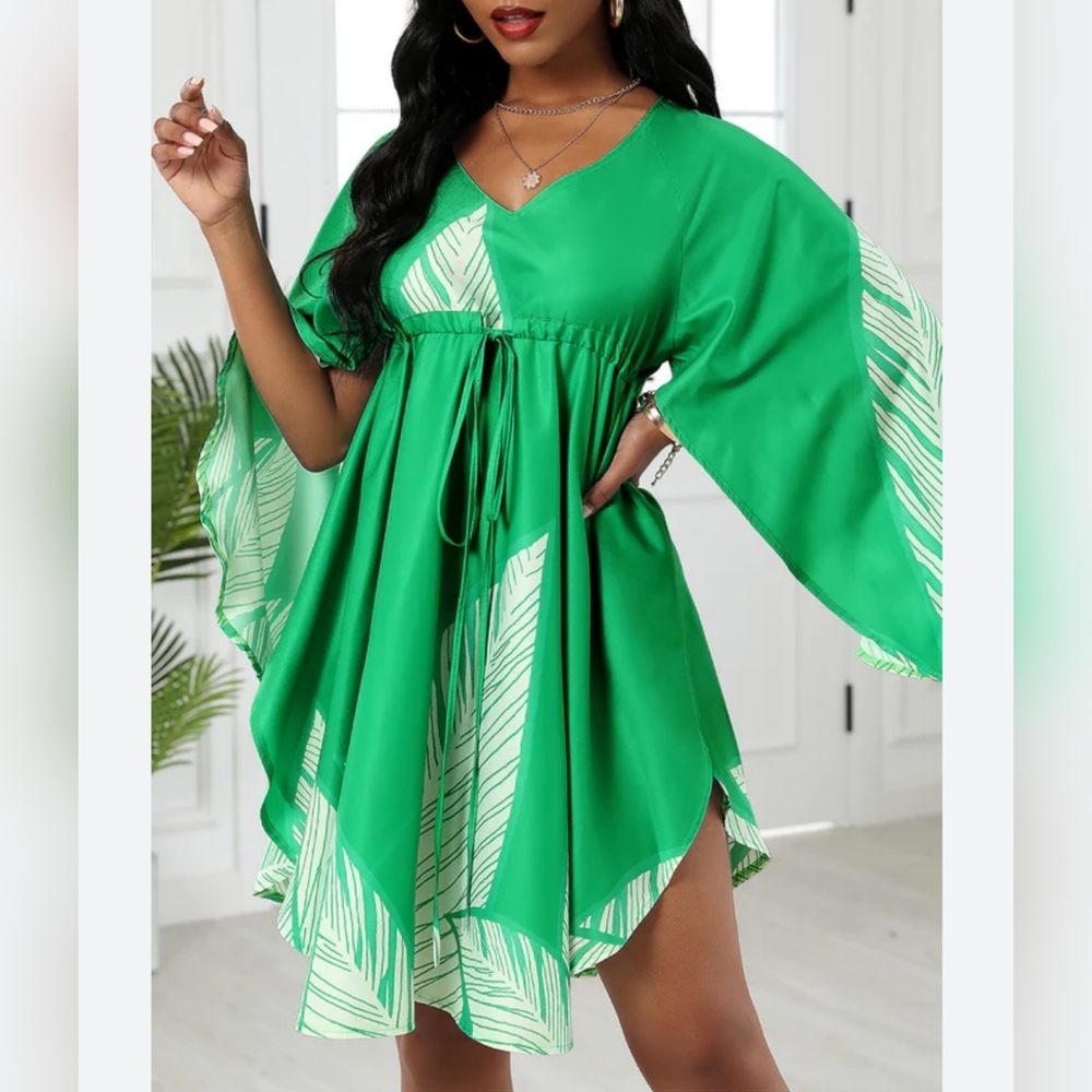 CBR Print Ruched Summer Dress Ruffle Blocking V-Neck Long Sleeve Mini Size M